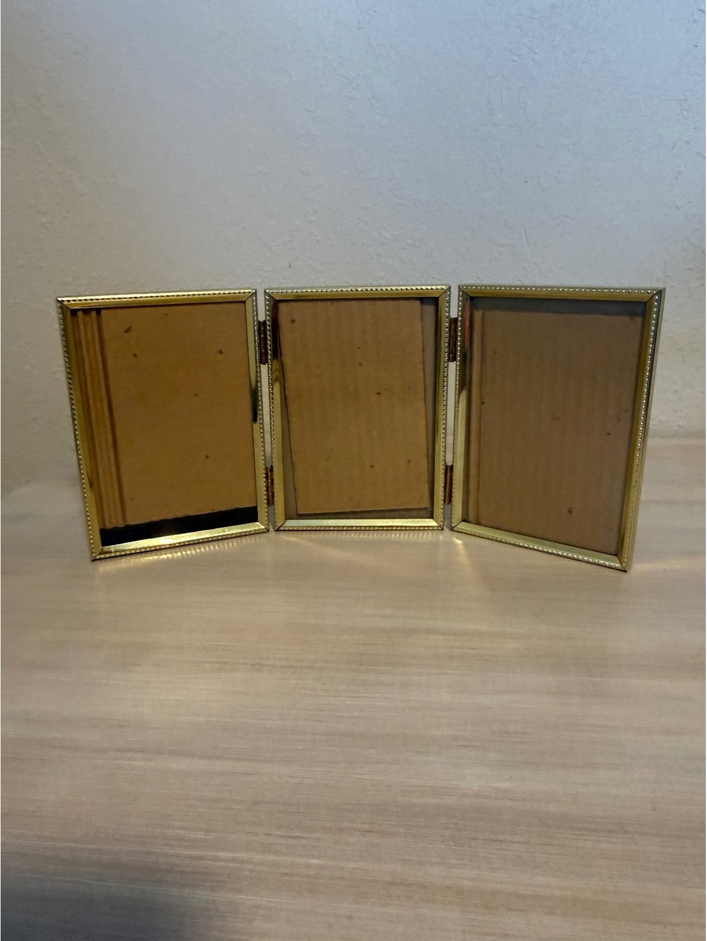Vintage Gold Tone Tri-fold Photo Frame with Beaded Edges